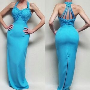 Vintage Tiffany Designs Ice Blue Beaded Strappy Racerback Hourglass Maxi Dress